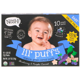 NosH!, Baby Lil 'Puffs, органический снек из цельных воздушных зерен, черника и фиолетовая морковь, 10 штук по 0,25 унц. (7 г)