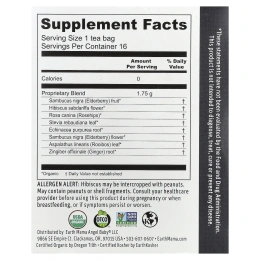 Earth Mama, Organics, 100% чай из органической бузины для укрепления иммунитета, с фруктово-ягодным вкусом, без кофеина, 16 чайных пакетиков, 28 г (0,98 унции)