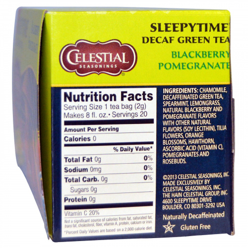 Celestial Seasonings, Время сна, зеленый чай без кофеина с черникой и гранатом, 20 пакетиков, 1.1 унции (31 г)