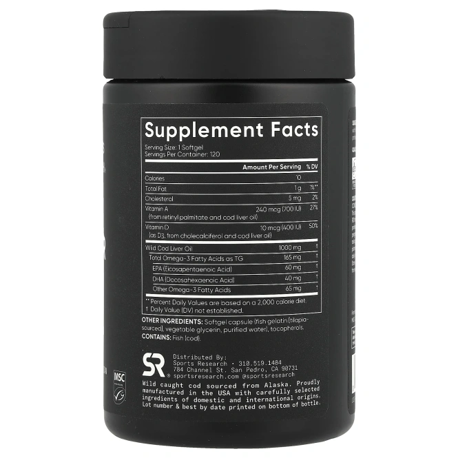 Sports Research, Жир печени аляскинской трески, 120 мягких таблеток