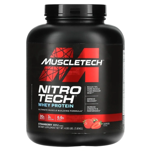 Muscletech, серия Performance, Nitro Tech, основной источник сывороточных пептидов и изолятов, клубничный вкус, 1,81 кг (4 фунта)