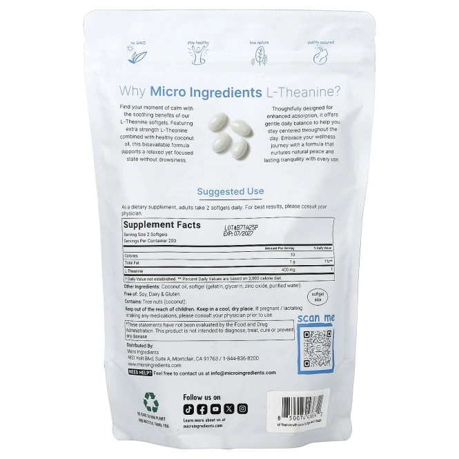 Micro Ingredients, L-теанин, 400 капсул (200 мг в 1 капсуле)