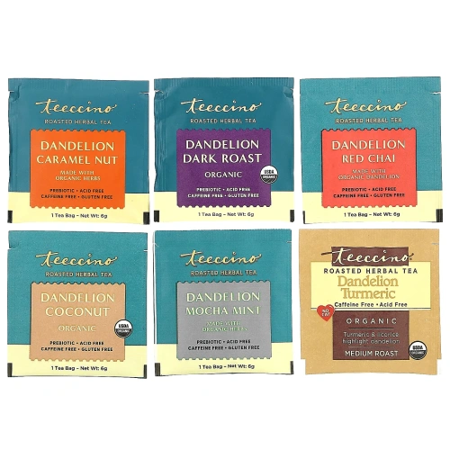 Teeccino, Roasted Herbal Tea Sampler, 6 Dandelion Flavors, Caffeine Free, 12 Tea Bags, 2.54 oz (72 g)