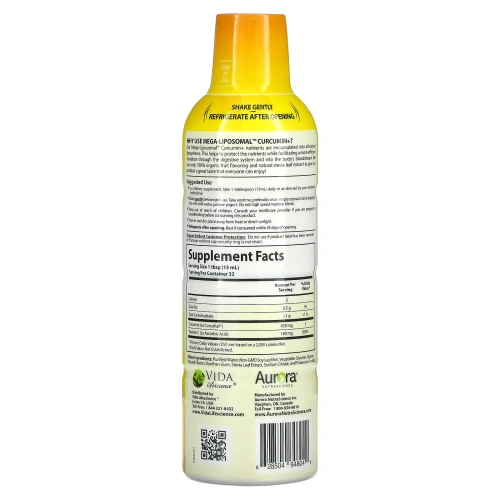 Aurora Nutrascience, Mega-Liposomal Curcumin+, Мега липосомальный куркумин, со вкусом органических фруктов, 600 мг, 480 мл (16 жидк. унций)