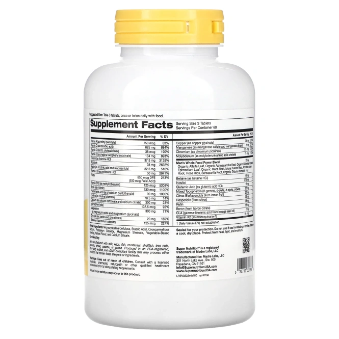 Super Nutrition, Men's Blend, богатые антиоксидантами мультивитамины для мужчин, без железа, 180 таблеток