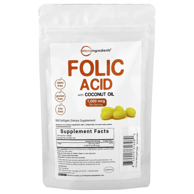 Micro Ingredients, Фолиевая кислота, 1000 мкг, 500 мягких таблеток