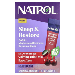 Natrol, Sleep & Restore, успокаивающая смесь для напитков, без мелатонина, вишня, 10 пакетиков по 2,6 г (0,09 унции)