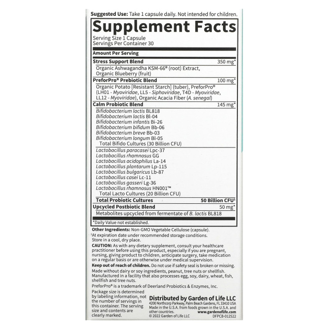 Garden of Life, Probiotics Calm, 50 млрд, 30 вегетарианских капсул