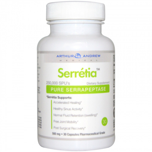 Arthur Andrew Medical, Serretia, чистая серрапептаза, 500 мг, 30 капсул
