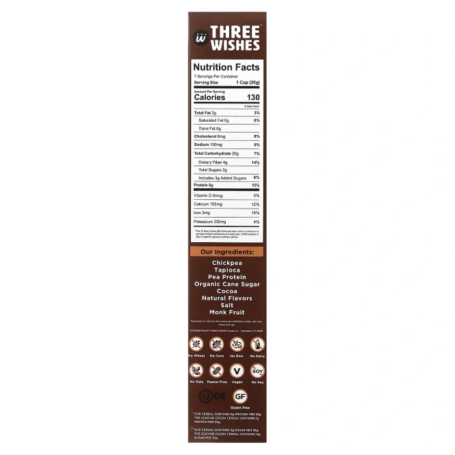 Three Wishes, Хлопья без злаков, какао, 245 г (8,6 унции)
