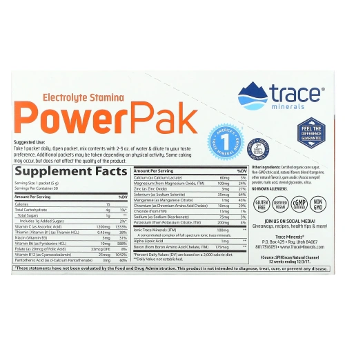 Trace Minerals Research, Electrolyte Stamina, Power Pak, 1200 mg, Tangerine, 30 Packets, 0.18 oz (5.2 g) Each