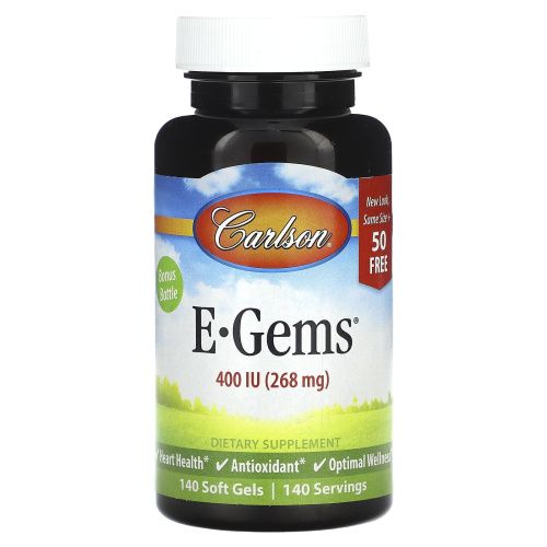 Carlson Labs, E-Gems, натуральный витамин E, 400 МЕ, 2 флакона, 90 желатиновых капсул + 44 желатиновые капсулы