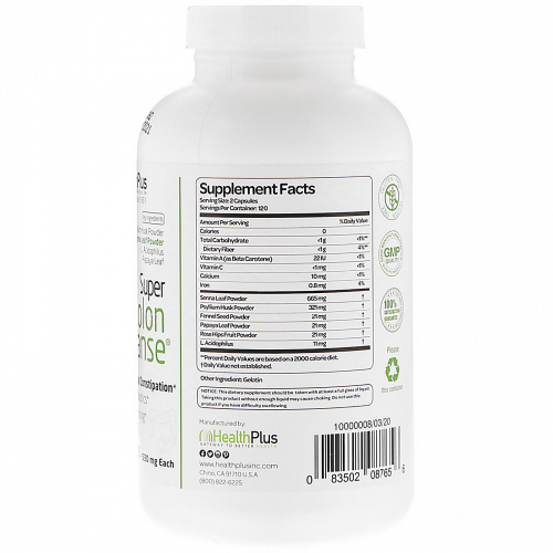 Health Plus, Super Colon Cleanse, 500 мг, 240 капсул