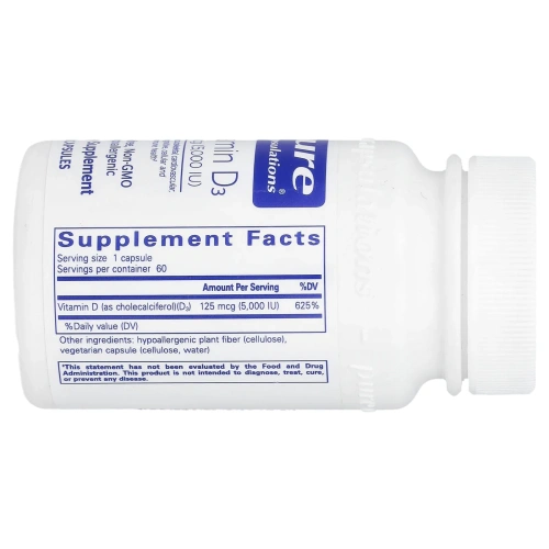 Pure Encapsulations, Витамин D3, 125 мкг (5000 МЕ), 60 капсул