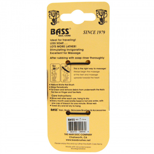 Bass Brushes, Очищающая щетка для ногтей из 100% натуральной щетины, Экстра прочная, 1 щетка