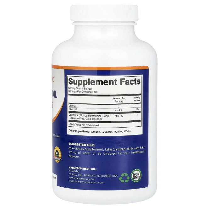 Vitamatic, касторовое масло, 750 мг, 180 капсул