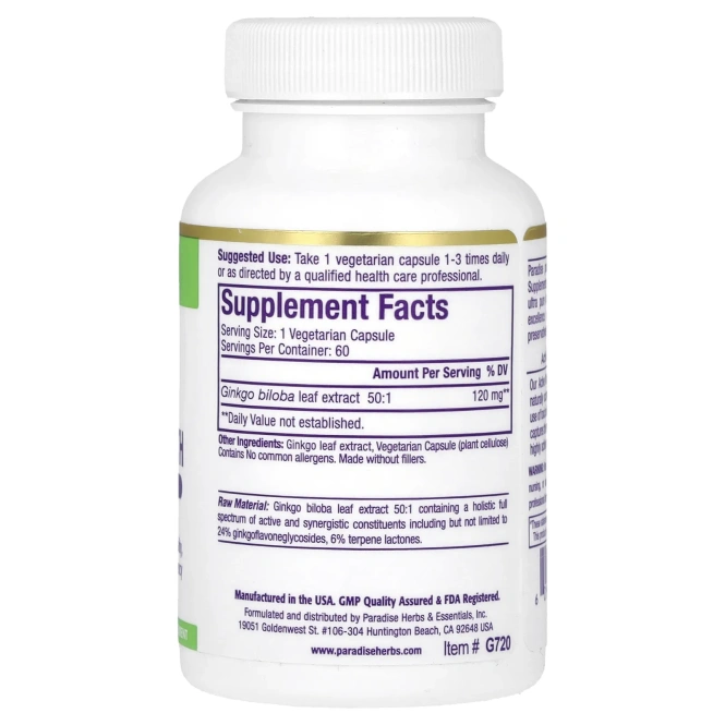 Paradise Herbs, Гинкго двулопастный, 60 растительных капсул