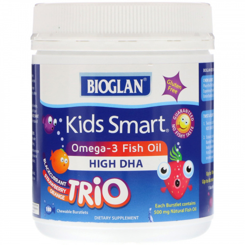 Bioglan, Kids Smart, рыбий жир омега-3, три вкуса, 180 жевательных разрывающихся капсул