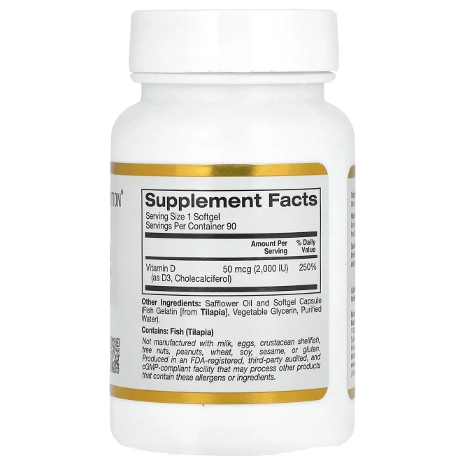 California Gold Nutrition, Витамин D3, 50 мкг, 2000 МЕ, 90 желатиновых мягких таблеток