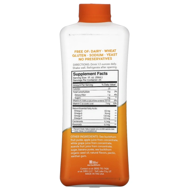 Sibu Beauty, Смесь омега-7, смесь с облепиховым соком для ежедневного приема, 25,35 жидкой унции (750 мл)