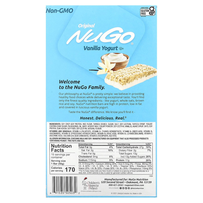 NuGo Nutrition, Original Bar, ванильный йогурт, 15 батончиков, 50 г (1,76 унции)