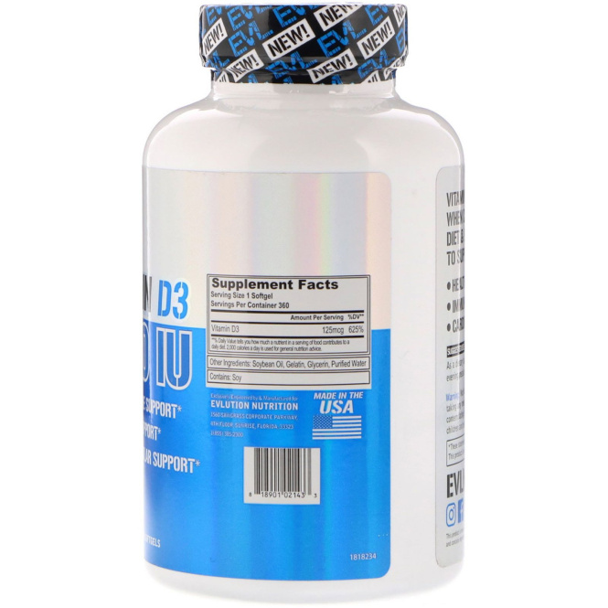 EVLution Nutrition, Витамин D3, 5000 МЕ, 360 мягких капсул