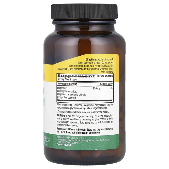 Country Life, Country Life, хелатный магний, 250 мг, 180 таблеток