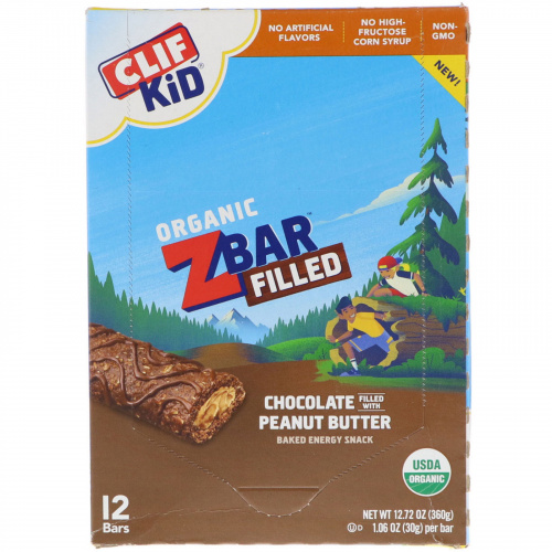 Clif Bar, Clif Kid, Organic Zbar Filled, Chocolate Filled with Peanut Butter, 12 Bars, 1.06 oz (30 g) Each