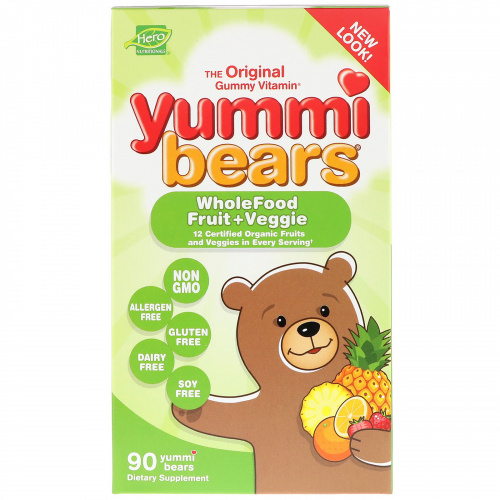 Hero Nutritional Products, Yummi Bears, Wholefood Fruit + Veggie, 90 Gummy Bears