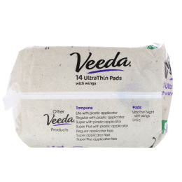 Veeda, Natural Cotton Pads with Wings, Ultra Thin, 14 Pads