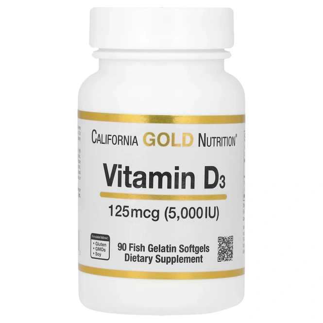 California Gold Nutrition, витамин D3, 125 мкг (5000 МЕ), 90 капсул из рыбьего желатина