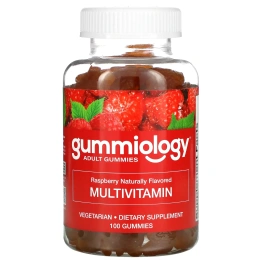 Gummiology, Мега-мультивитамины для взрослых в жевательных таблетках, с натуральным вкусом малины, 100 вегетарианских жевательных таблеток