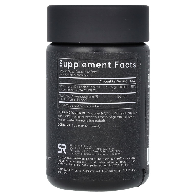 Sports Research, D3 и K2, растительные капсулы, 60 растительных капсул