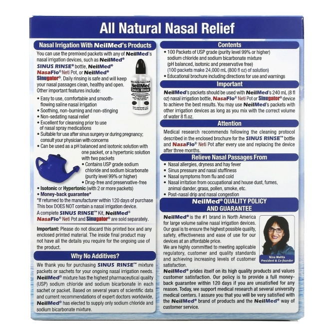 NeilMed, Средство для полоскания носа, натуральное средство для облегчения, 100 пакетиков