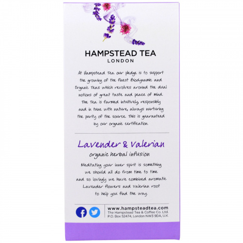 Hampstead Tea, Лаванда и валериана, органический травяной чай, 20 пакетиков, 0,71 унции (20 г)