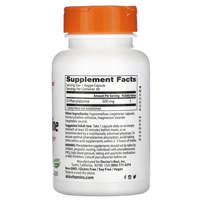 Doctor's Best, D-фенилаланин, 500 мг, 60 вегетарианских капсул