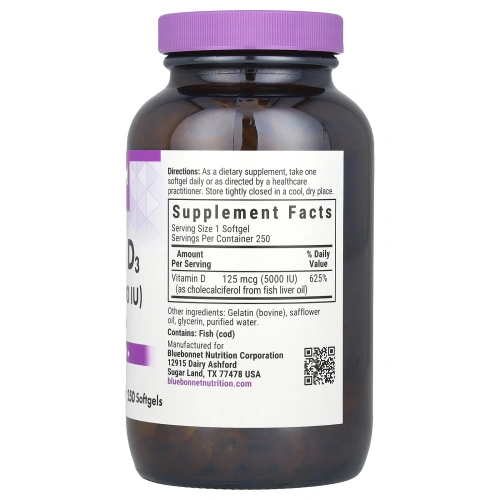 Bluebonnet Nutrition Витамин D3 5000 МЕ (для здоровья костей и иммунитета), 250 желатиновых капсул