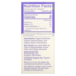 NuNaturals, Органический подсластитель, стевия и архат, 70 пакетиков, 2,47 унции (70 г)