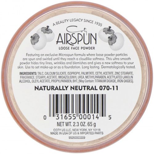 Airspun, Рассыпчатая пудра для лица, оттенок «Естественный нейтральный» 070-11, 65 г