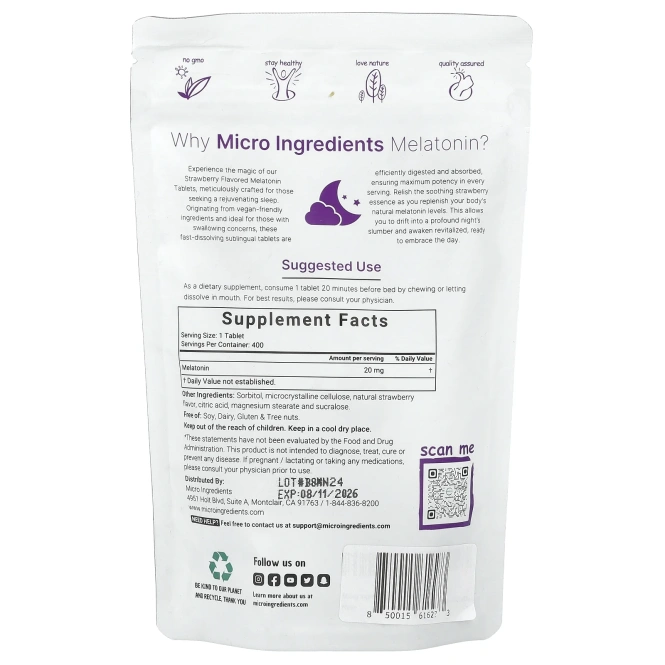 Micro Ingredients, Мелатонин, клубника, 20 мг, 400 таблеток