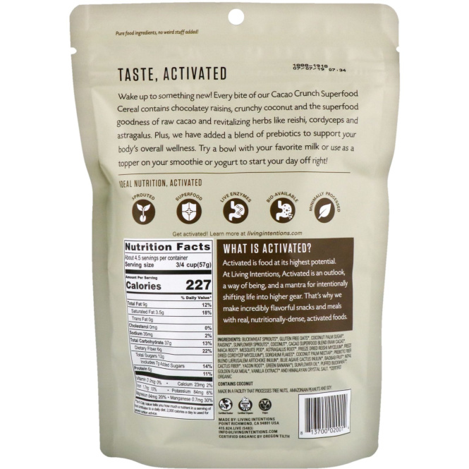 Living Intentions, Activated, Superfood Cereal, Cacao Crunch, 9 oz (255 g)