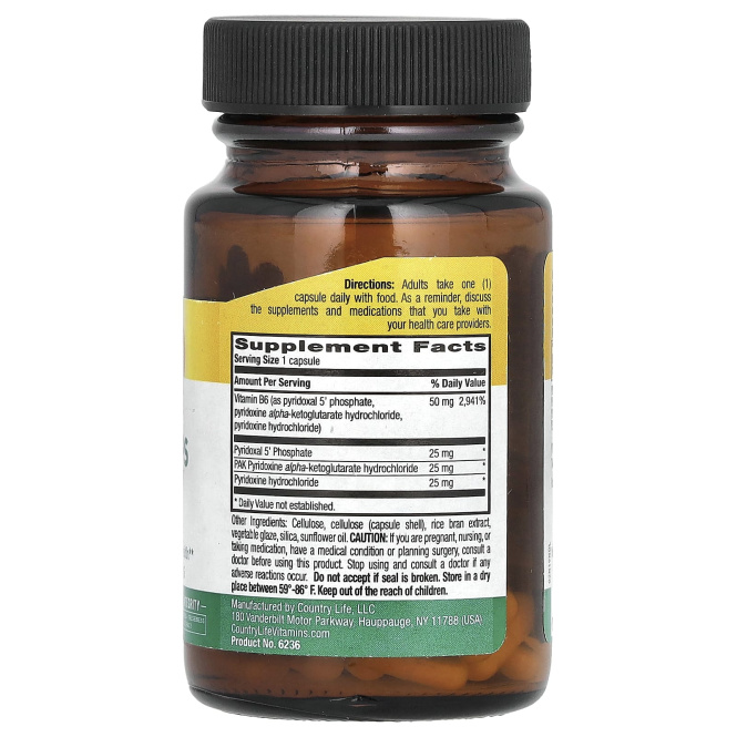 Country Life, Country Life, не содержит глютена, коферментный активный витамин B6 в капсулах, P-5-P/PAK, 30 вегетарианских капсул