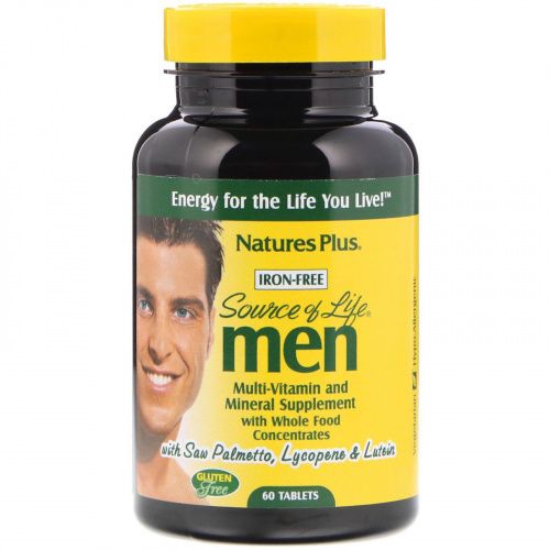 Nature's Plus, Source of Life, Мультивитаминная и минеральная добавка для мужчин, без железа 60 таблеток