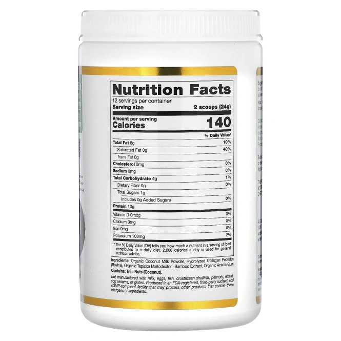 California Gold Nutrition, Superfoods, кокосовые сливки с коллагеном, порошком из органического сухого кокосового молока, пептидами гидролизованного коллагена, органическим тапиоковым мальтодекстрином и экстрактом бамбука, без подсластителей, 288 г (10,2 