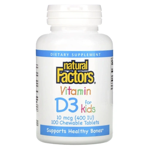 Natural Factors, Витамин D3 для детей, со вкусом клубники, 400 МЕ, 100 жевательных таблеток