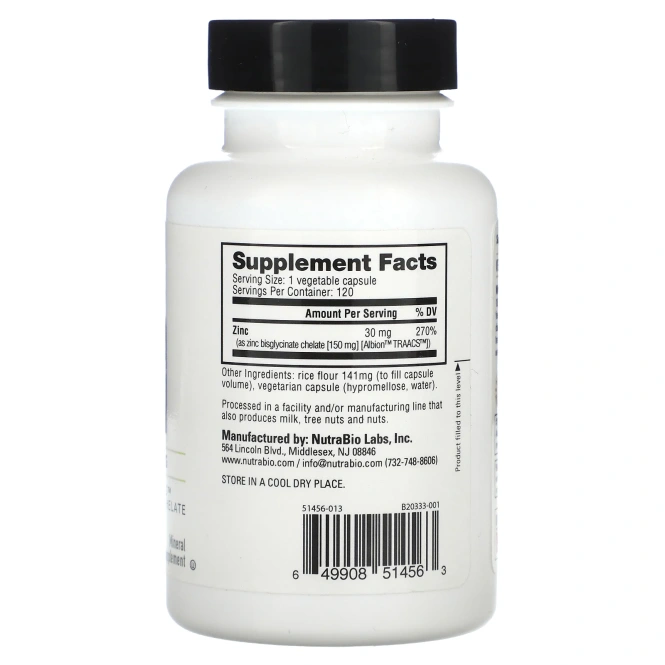 NutraBio, Zn, цинк, 30 мг, 120 капсул