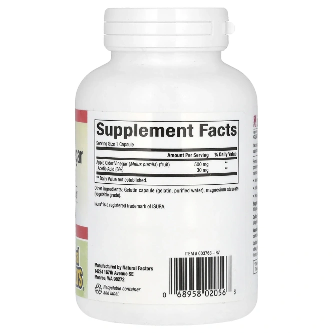 Natural Factors, Яблочный уксус, 500 мг, 180 капсул
