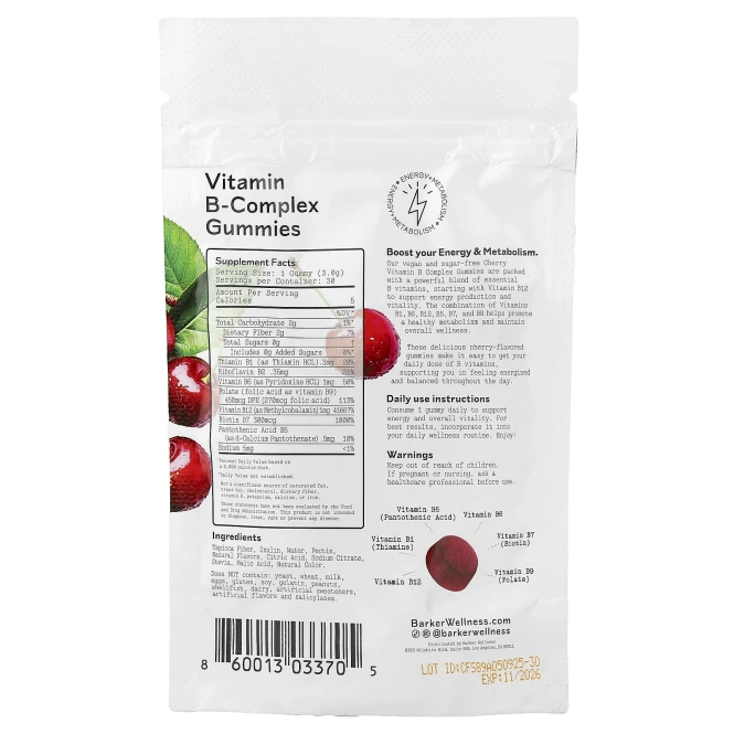 Barker Wellness Co, комплекс витаминов группы B, со вкусом вишни, 30 жевательных таблеток