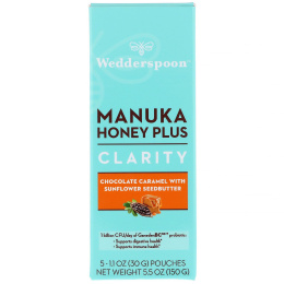 Wedderspoon, Manuka Honey Plus, Clarity, Chocolate Caramel with Sunflower Seedbutter, 5 Pouches, 1.1 oz (30 g) Each
