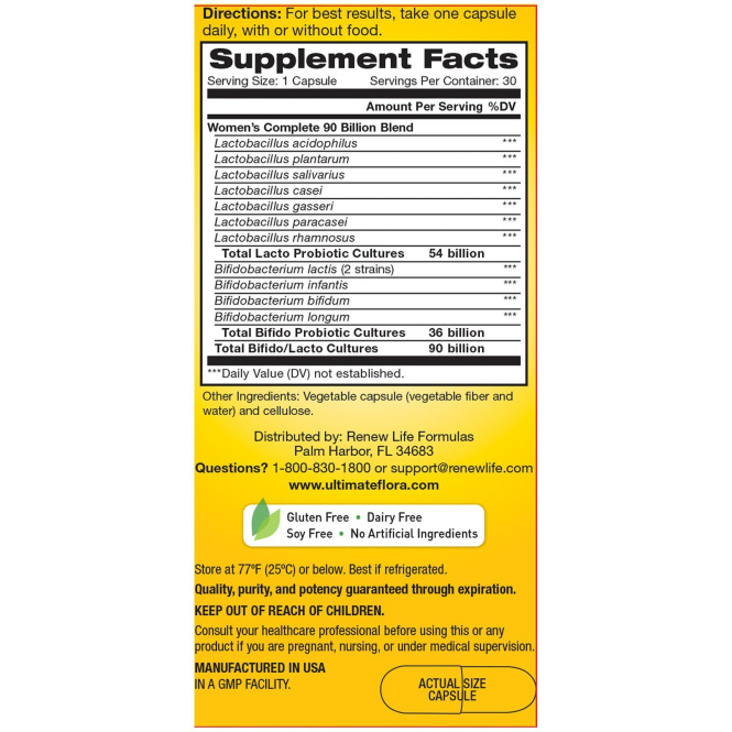 Renew Life, Women's Complete, Ultimate Flora Probiotic, 90 миллиардов живых бактерий, 30 вегетарианских капсул